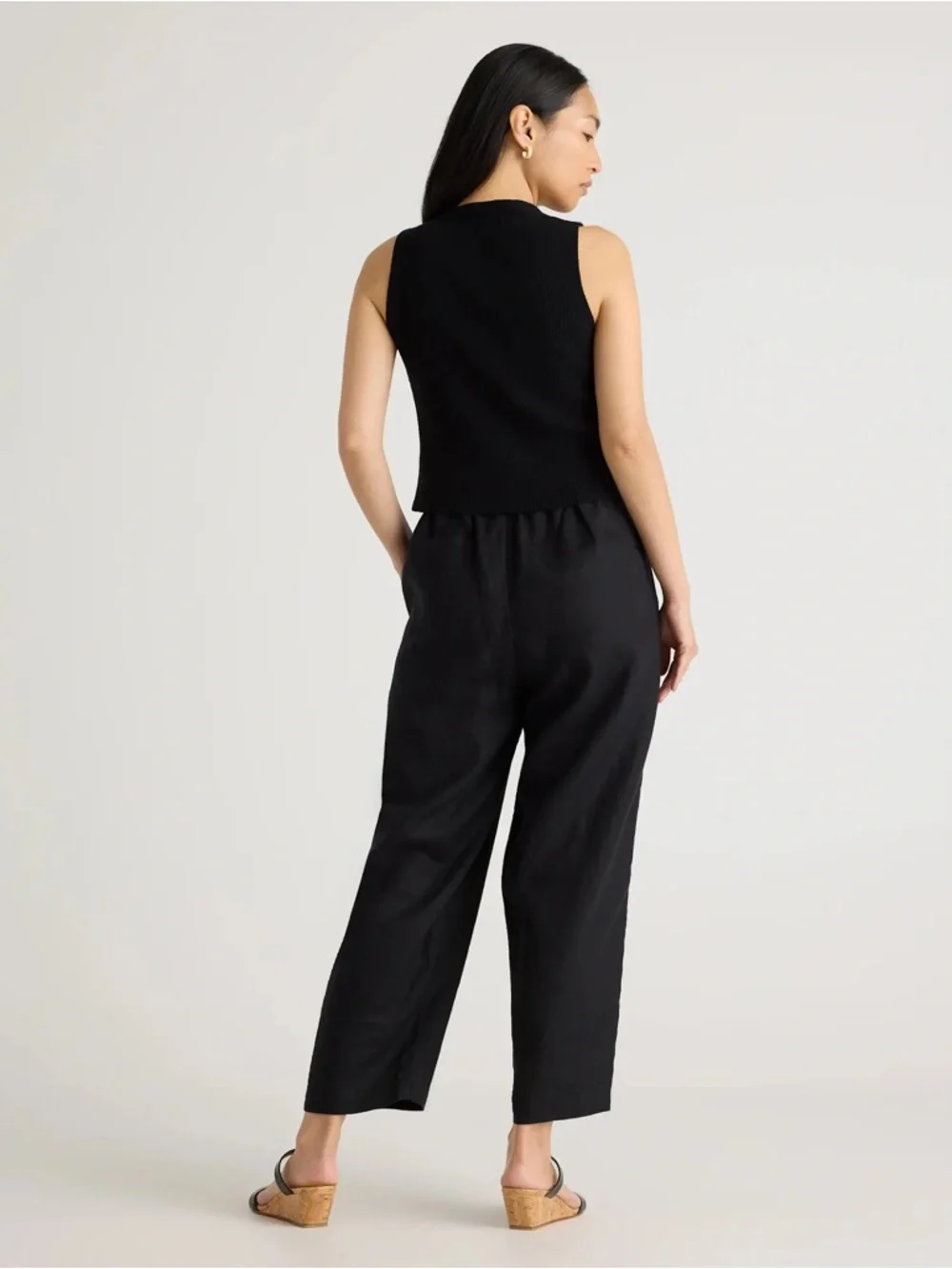 Quince European Linen Black Cropped  Pull-On Pants ankle length